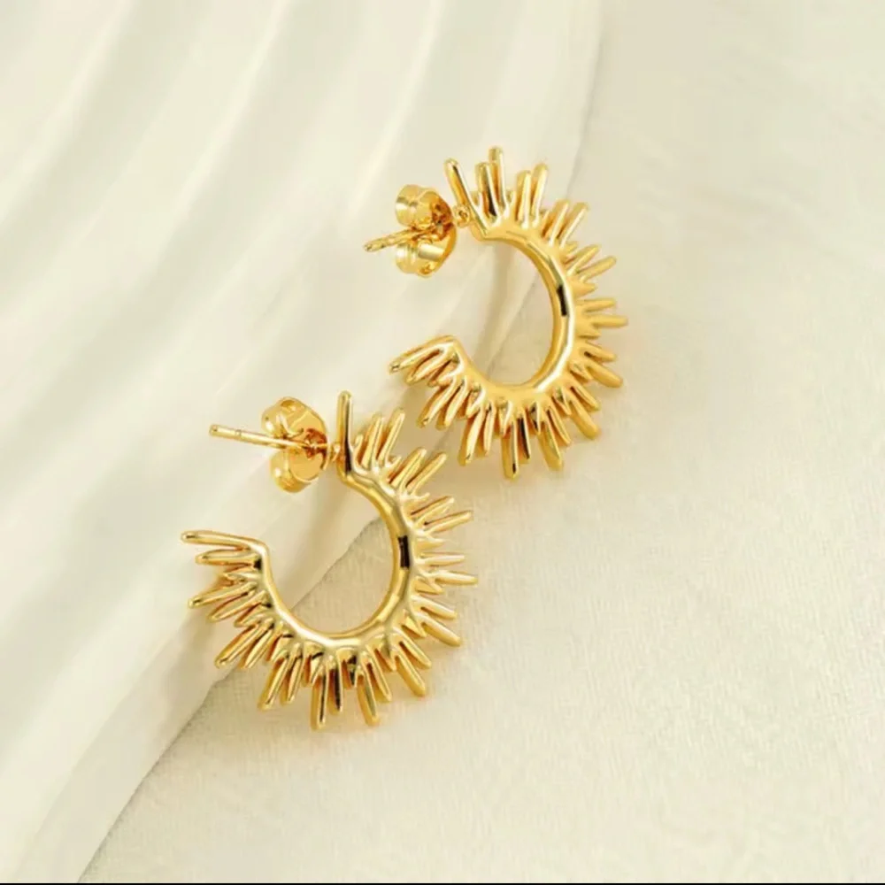 Sunburst Hoop Earrings 18K Gold
Tarnish Resistant Stainless Steel - Picture 5 of 7